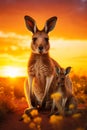 A tender moment with a kangaroo and her joey against a stunning sunset in the Australian Outback Royalty Free Stock Photo