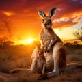 A tender moment with a kangaroo and her joey against a stunning sunset in the Australian Outback Royalty Free Stock Photo