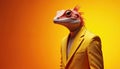 Whimsical image lizard-headed human in yellow jacket against bright orange backdrop. Surreal portrait represents adaptability Royalty Free Stock Photo