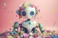 Whimsical image of a robot adorned with flowers, sitting amidst a colorful floral landscape