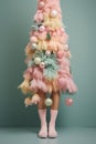 A whimsical and imaginative photo showcasing a tree made entirely of layers of fluffy pastel fabrics in shades of pink, peach, and