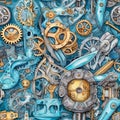 Whimsical industrial seamless pattern in blue tones with gears for textile fabric, texture design for gift wrap. Generative AI Royalty Free Stock Photo