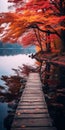 Whimsical Japanese Inspired Wooden Walkway Amidst Autumn Coloured Trees