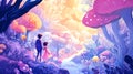 A whimsical journey through an enchanted forest, the scene unfolds with vibrant hues