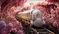 Whimsical Joyride: Hyper-Detailed Old Train Through Pink Blooming Forest. AI-generated