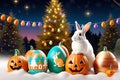 Whimsical Juxtaposition: Rabbit in Easter Attire Surrounded by Pastel Eggs in a Playful Composite Image