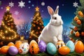 Whimsical Juxtaposition: Rabbit in Easter Attire Surrounded by Pastel Eggs in a Playful Composite Image