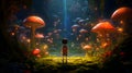 Little Kid in a Magical Mushroom Forest - 3D Render Royalty Free Stock Photo