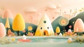 Whimsical landscape featuring pastel-colored, cone-shaped trees and a domed, Royalty Free Stock Photo