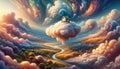 Whimsical Landscape with Floating House Amidst Colorful Clouds Royalty Free Stock Photo