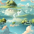 Whimsical landscape with trees, clouds, and birds in hyper-detailed illustrations (tiled)