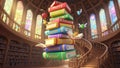Whimsical library interior with floating books and magical creatures Royalty Free Stock Photo