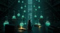 Whimsical library scene with luminous potions and a curious cat, evoking magic Royalty Free Stock Photo
