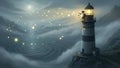 Fantasy Lighthouse Keeper Guiding Lights Over Misty Ocean at Night Royalty Free Stock Photo