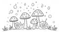 Whimsical line art depicting three toadstools of varying sizes w Royalty Free Stock Photo