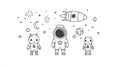 Cute Space Scene with Astronaut, Robots, Rocket, Moon, Stars and Planets Royalty Free Stock Photo