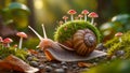 Fantasy macro of a snail with moss and tiny mushrooms on its shell. Royalty Free Stock Photo