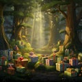 Whimsical and Magical Forest with Adorned Trees and Vibrant Gift Wraps