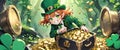 Whimsical Manga-Style Elf Protecting a Hoard of Gold Coins in a Magical Treasure Chest in the Enchanting Forest on St. Patricks