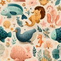 Whimsical Marine and Jungle Animals with Floral Elements Pattern Royalty Free Stock Photo