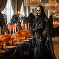 Whimsical Masquerade Party Hosted by the Grim Reaper in an Ornate Ballroom