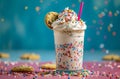 A whimsical milkshake adorned with cookies and colorful sprinkles, embodying dessert extravagance.