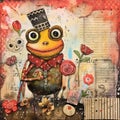 Whimsical mixed media doodle-art of a Cartoon Frog
