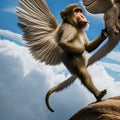 A whimsical monkey with angelic wings, swinging through a celestial sky surrounded by fluffy clouds5, Generative AI
