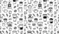 A whimsical monochrome pattern featuring various coffee brewing Royalty Free Stock Photo