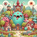 A whimsical monster village , in cute and adorable scenery, cute elements arounds, cartoon, digital art, fantasy, dreamlike
