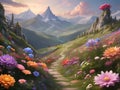 Whimsical mountain with oversized flowers in the roadside, colorful, transform the landscape into a dreamlike, enchanting paradise