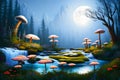 Whimsical Mushroom Forest: Serene Moonlit Clearing with Giant Glow Fungi with Generative AI