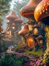 Whimsical Mushroom Houses in Enchanted Fairytale Forest Village Royalty Free Stock Photo