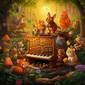 Whimsical Musical Scene with Resonant Melodion and Enchanted Forest Animals