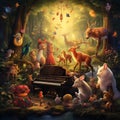 Whimsical Musical Scene with Resonant Melodion and Enchanted Forest Animals