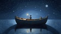 Whimsical Night Boat: Realistic Depiction Of Light And Folk Art-inspired Illustrations Royalty Free Stock Photo