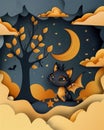 Whimsical Night Sky with Cute Cartoon Bat Winged Kitten Under Crescent Moon and Stars Surrounded by Dreamy Clouds and Flying Bats