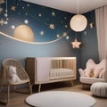 A whimsical nursery with a celestial-themed mural, hanging mobiles, and soft pastel colors4