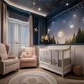 A whimsical nursery with a celestial-themed mural and twinkling star lights2