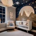 A whimsical nursery with a celestial-themed mural and twinkling star lights4