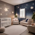 A whimsical nursery with a celestial-themed mural and twinkling star lights3 Royalty Free Stock Photo