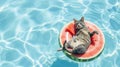 Whimsical Oasis: A Playful Ashen Cat Lounging on a Watermelon Float in the Resort Pool