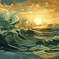 Whimsical Ocean Waves At Sunset: A Khaki Art Nouveau Seascape Abstract
