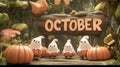 Whimsical October Scene Cute Ghosts, Pumpkins, And Festive Lettering In A Magical Forest Setting Royalty Free Stock Photo