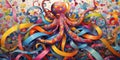 Whimsical octopus playfully tangled in colorful assortment of ribbons, concept of Organic unity, created with Generative