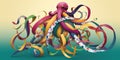 whimsical octopus playfully tangled in colorful assortment of ribbons, uncluttered background, concept of Organic