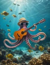 Stylish Octopus Playing Guitar Underwater Royalty Free Stock Photo