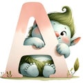 Whimsical Ogre Playfully Peeking from Behind Letter 'A' - AI Generated Digital Art