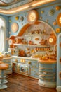 Whimsical Orange and Blue Retro Futuristic Kitchen Interior Design with Unique Decorations