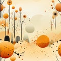 Whimsical orange landscape with trees and playful shapes (tiled